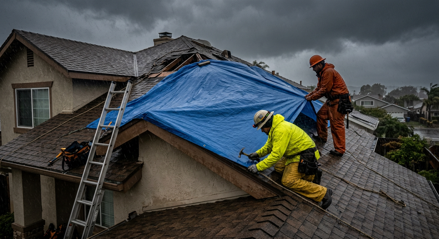 Roofing crew securing a blue emergency tarp over a damaged roof during rain