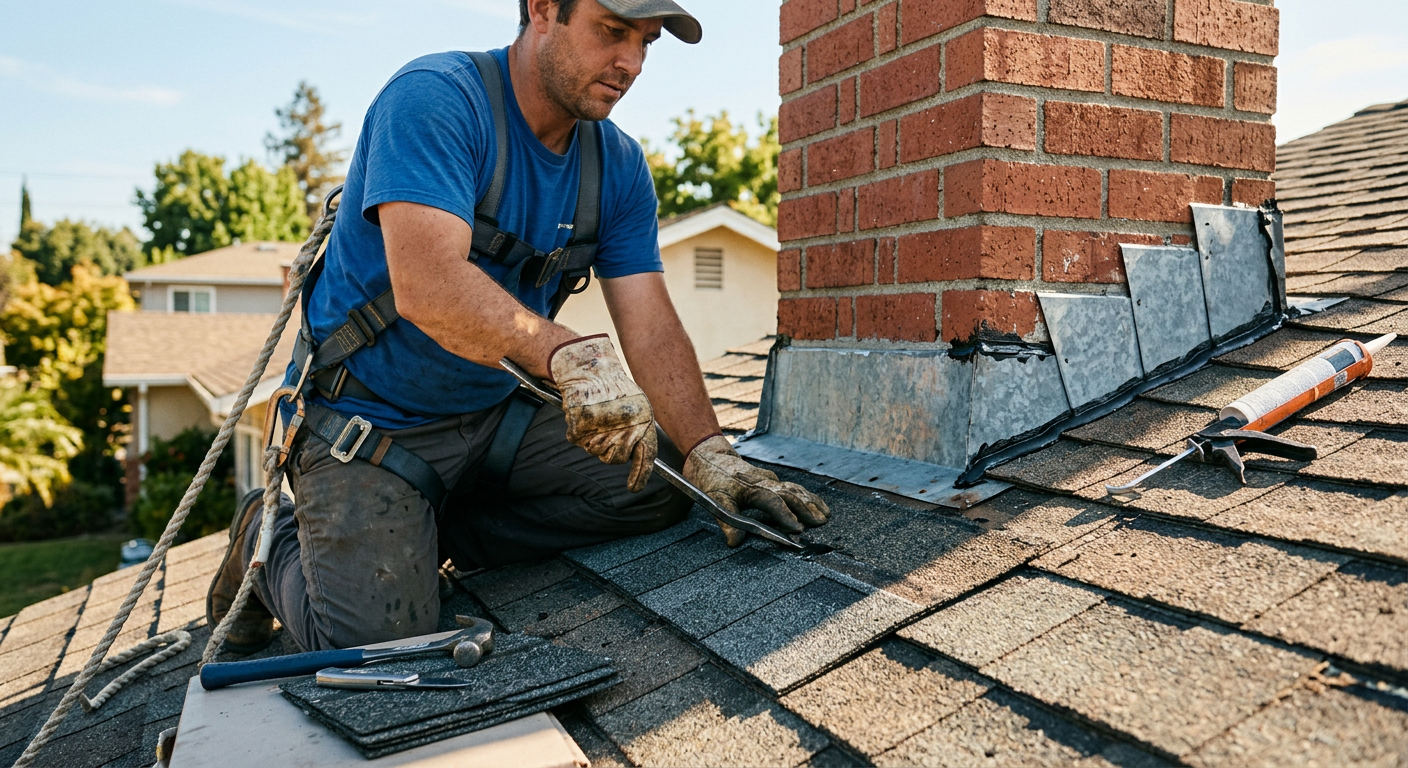 Roofer replacing damaged shingles and resealing flashing along a chimney on a sunny day